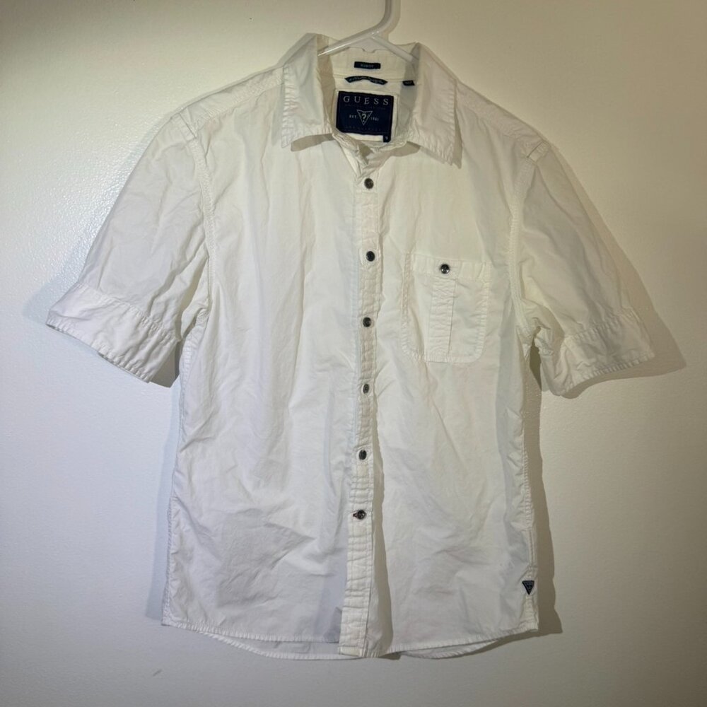 GUESS Men's White Slim Fit Short Sleeve Button Up Shirt S